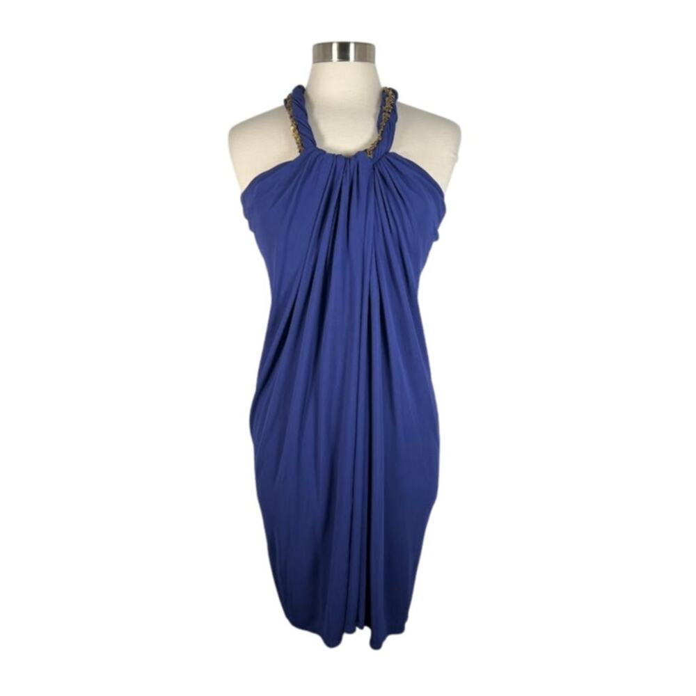 Y Yigal Women's Embellished Halter Dress 2 Blue Racerback Sleeveless Cocktail